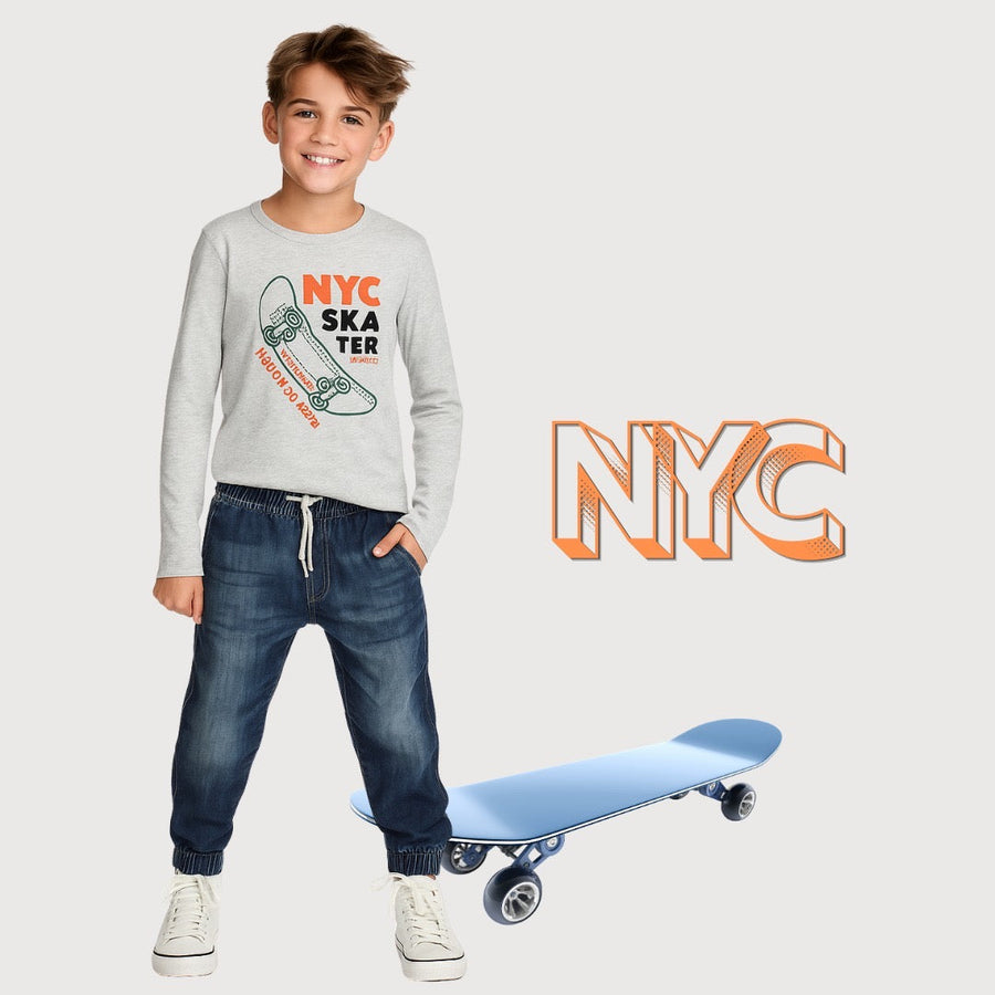 Kids Winter Long Sleeve Shirt – Grey, NYC Skater Print