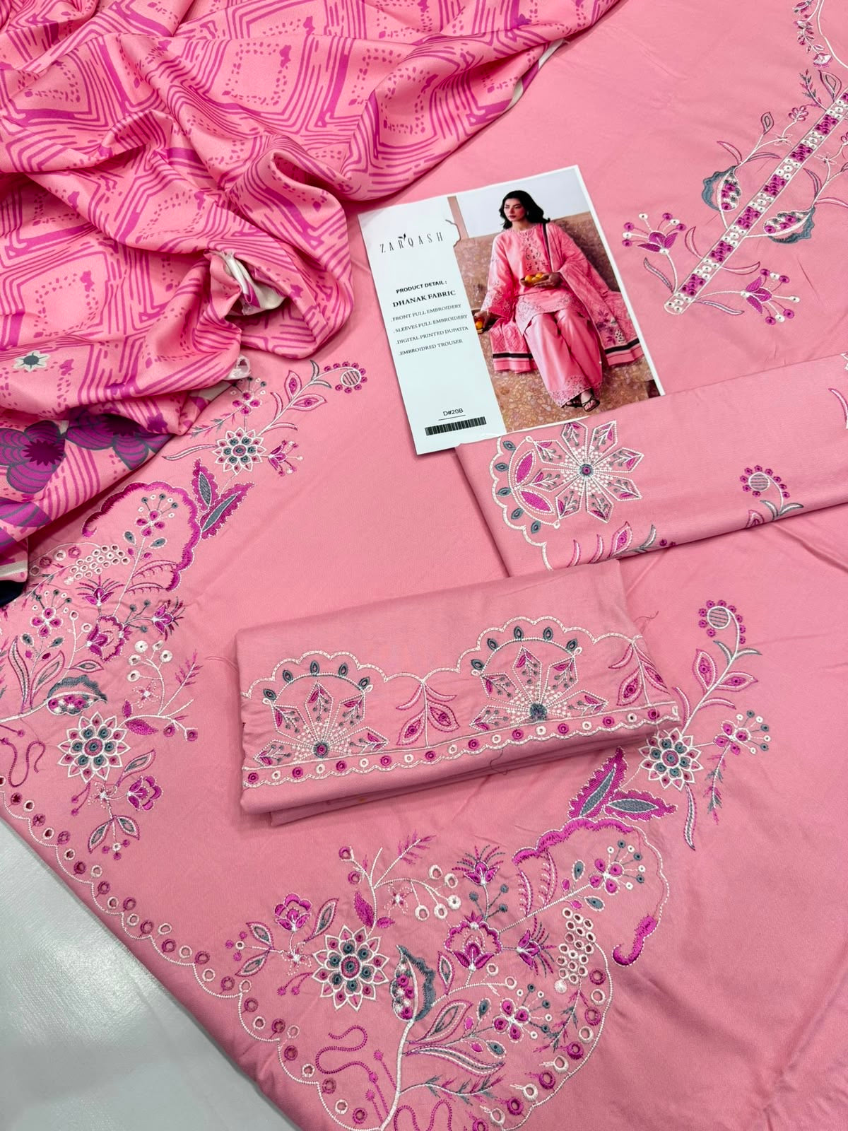 Dhanak 3PC Heavy Embroidered Suit – Salmon Pink – image 2