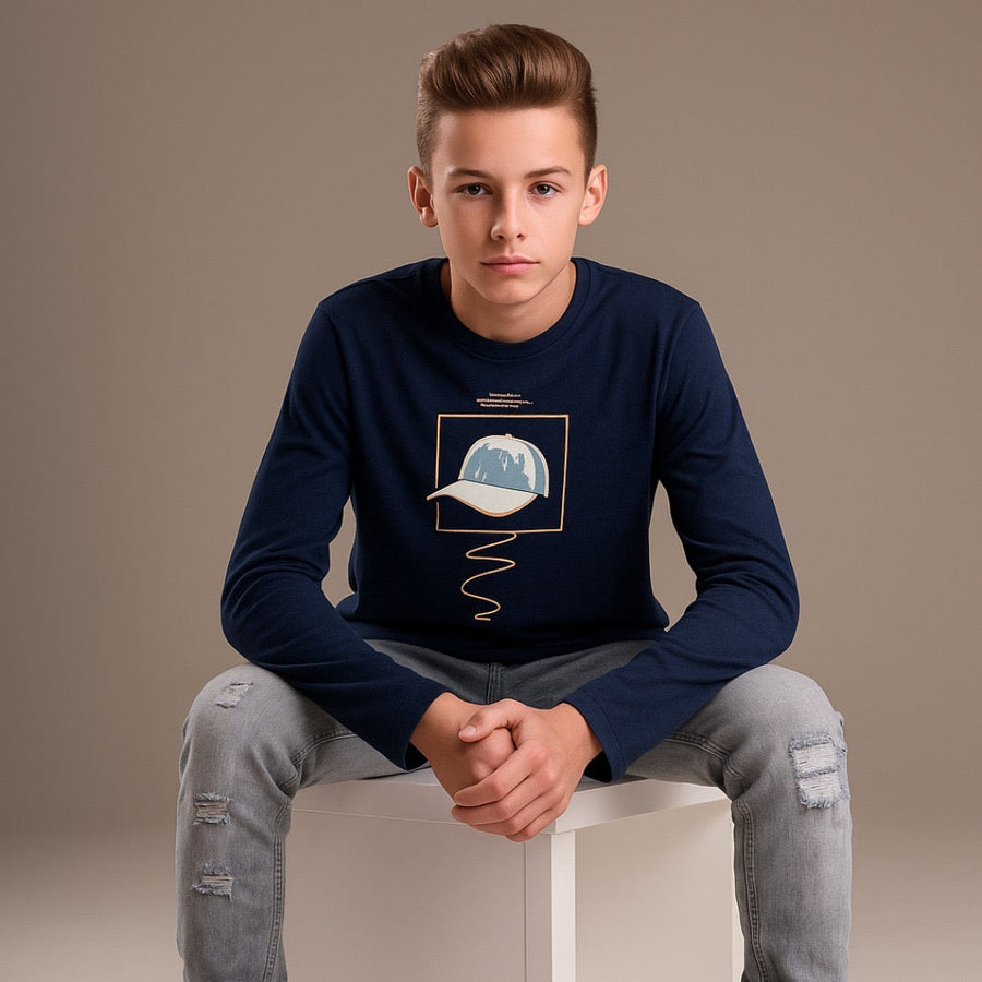 Kids Winter Long Sleeve Shirt – Navy, Cap Print