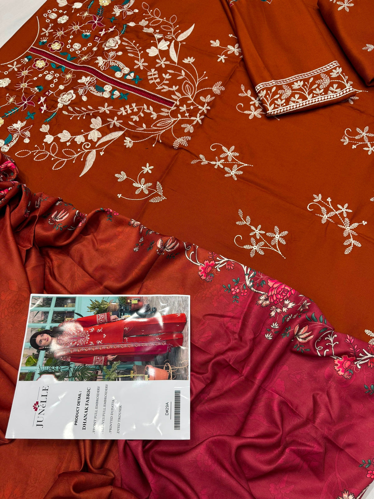 Dhanak 3PC Heavy Embroidered Suit – Rust – image 3