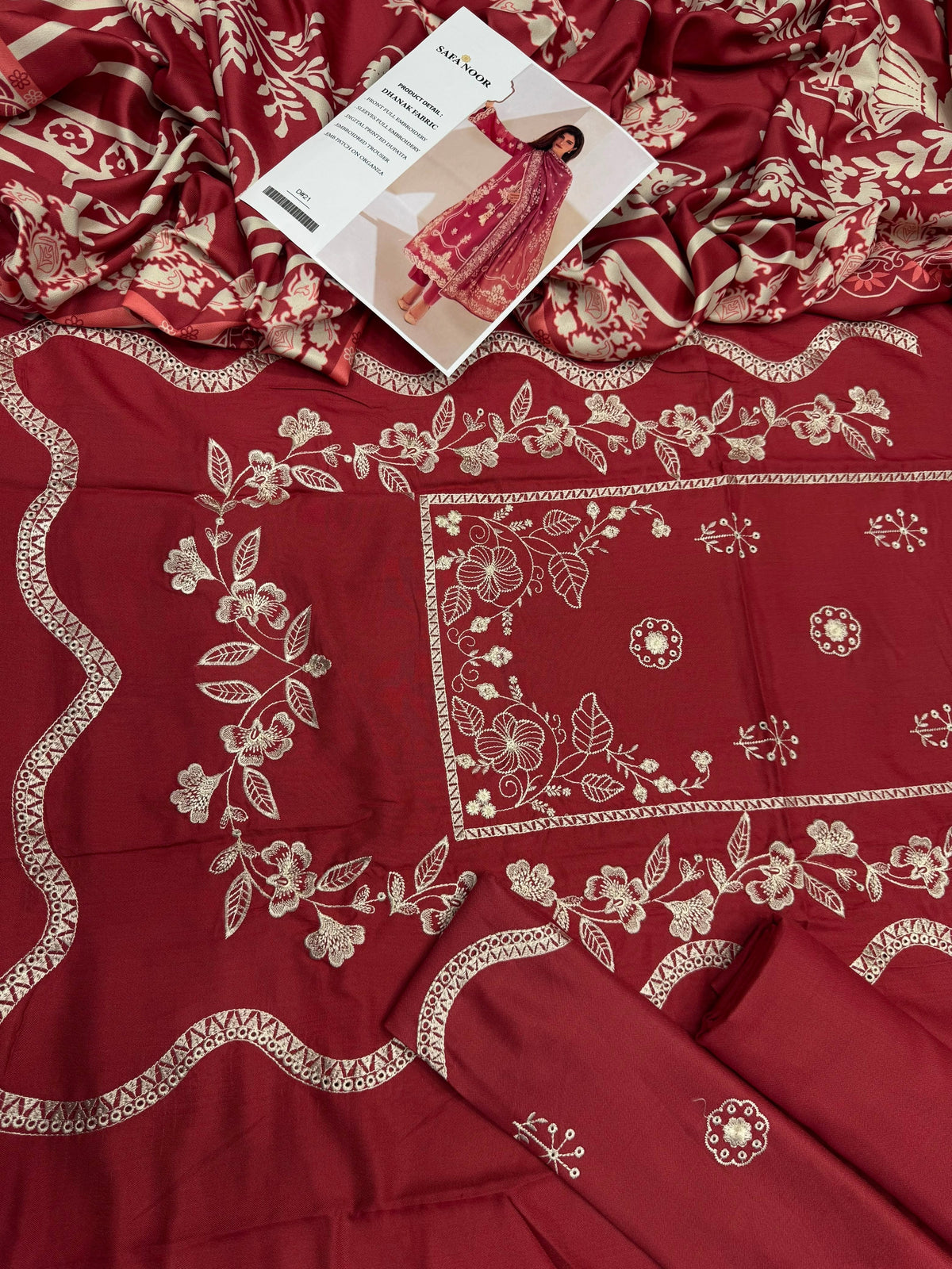 Dhanak 3PC Heavy Embroidered Suit – Coral Red – image 3