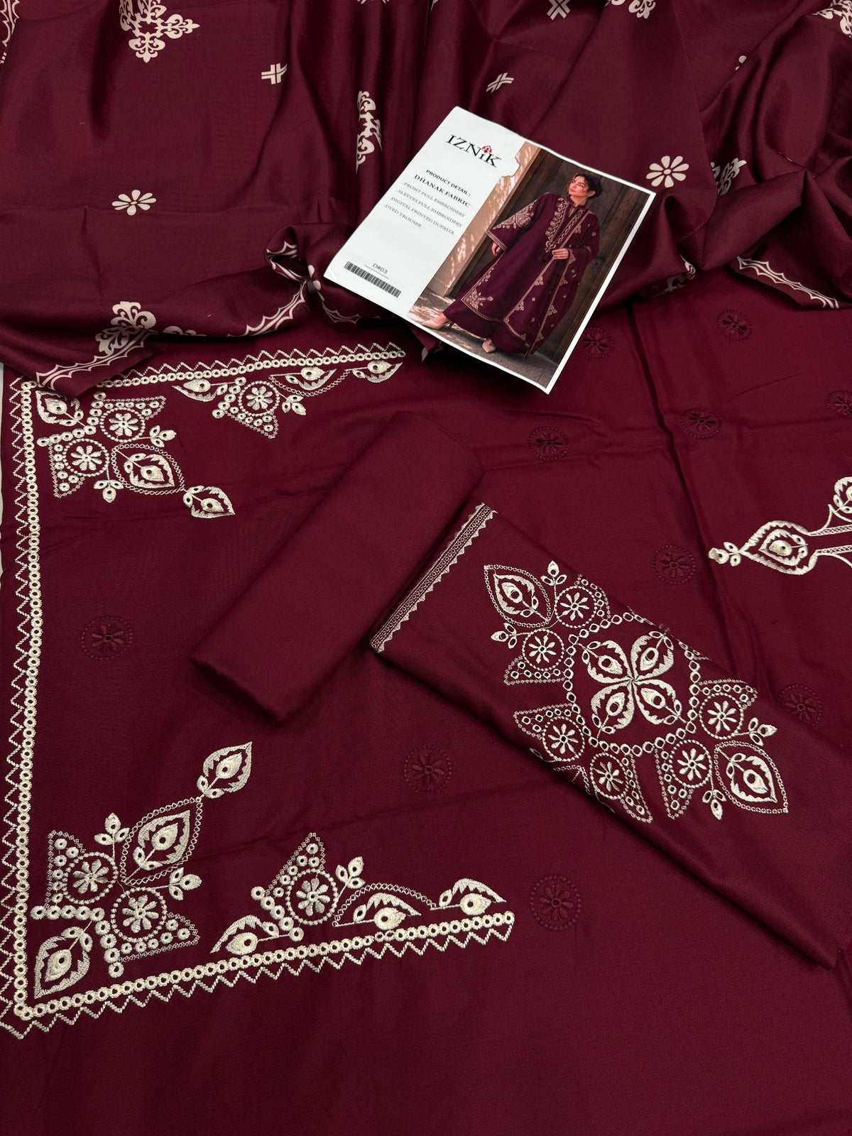 Dhanak 3PC Heavy Embroidered Suit – Maroon – image 4