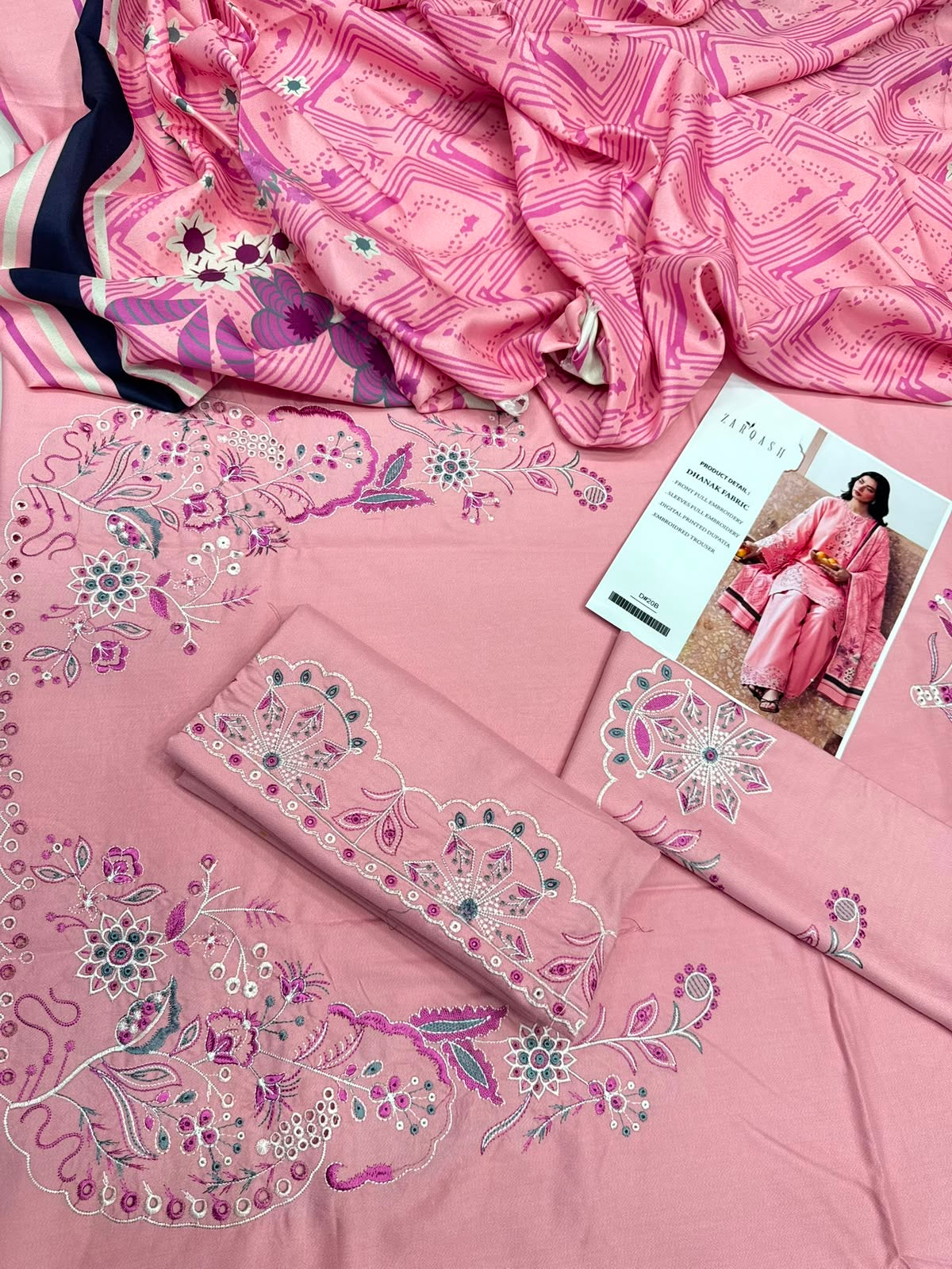 Dhanak 3PC Heavy Embroidered Suit – Salmon Pink – image 3