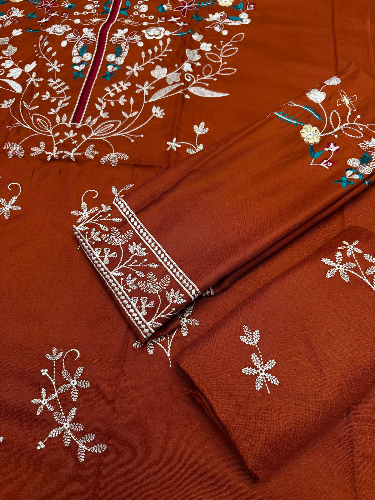 Dhanak 3PC Heavy Embroidered Suit – Rust – image 4
