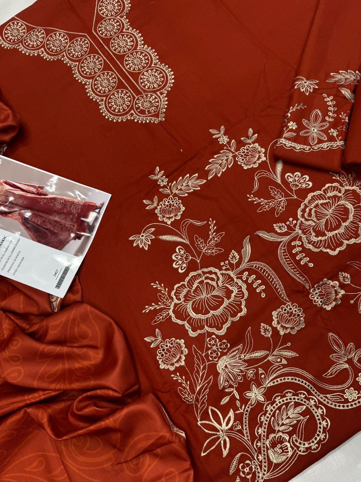 Dhanak 3PC Heavy Embroidered Suit – Burnt Orange – image 4