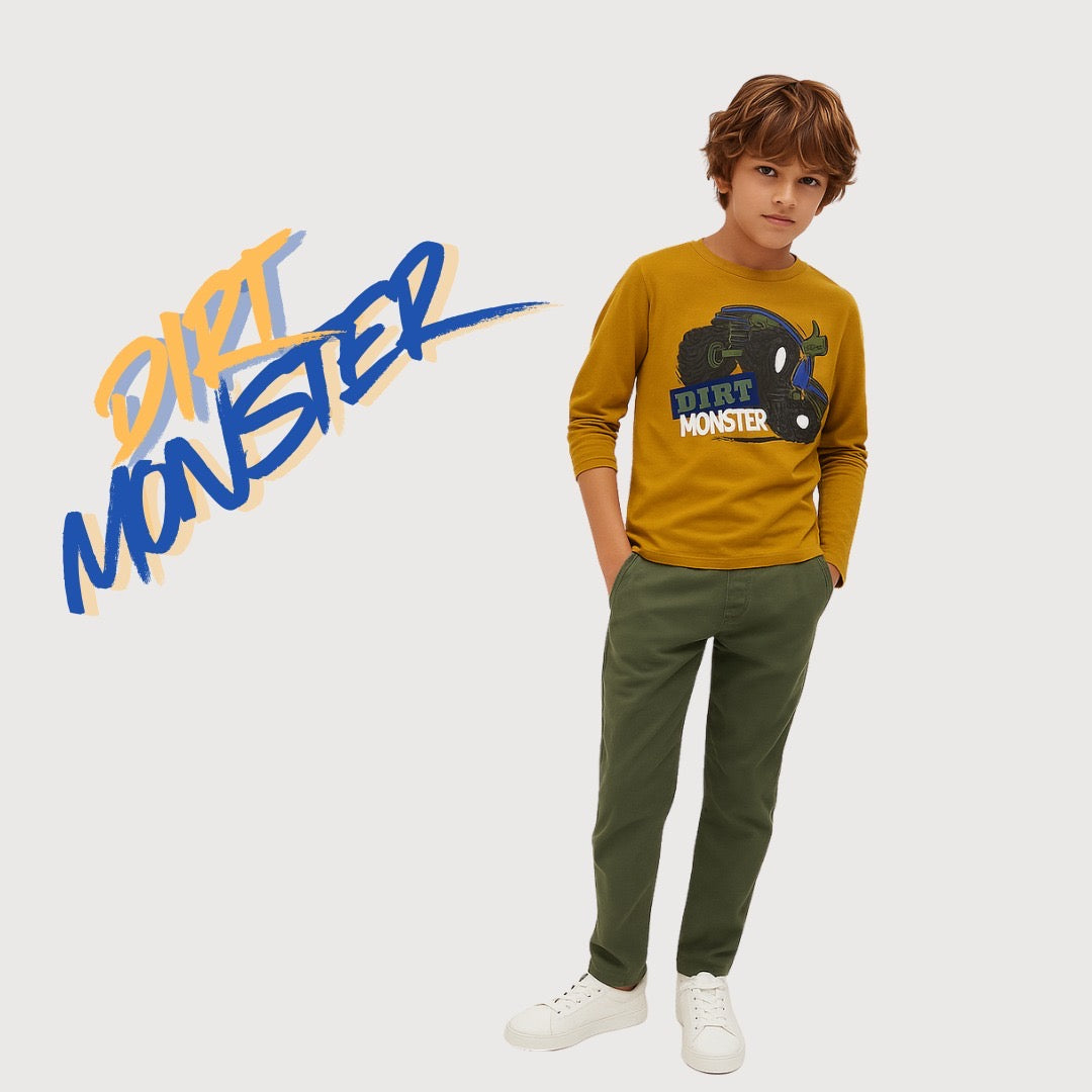 Kids Winter Long Sleeve Shirt – Mustard, Dirt Monster Print