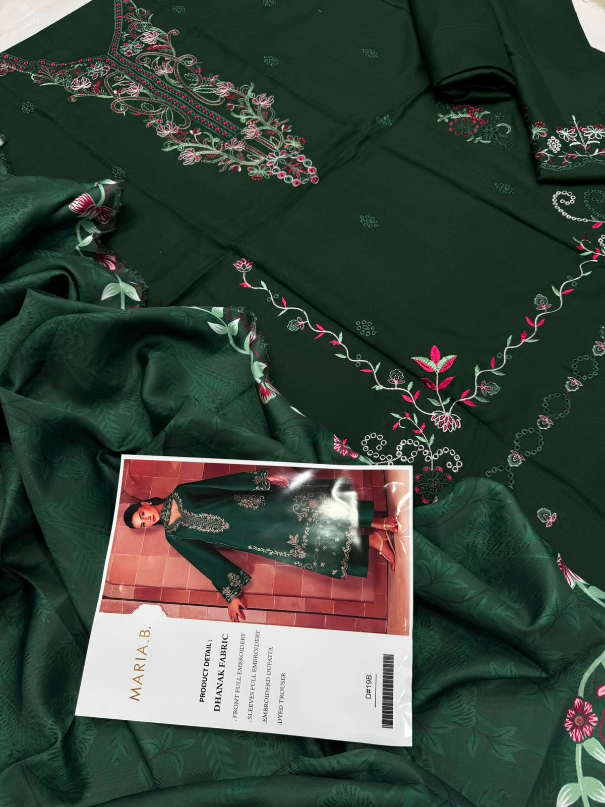 Dhanak 3PC Heavy Embroidered Suit – Bottle Green – image 4
