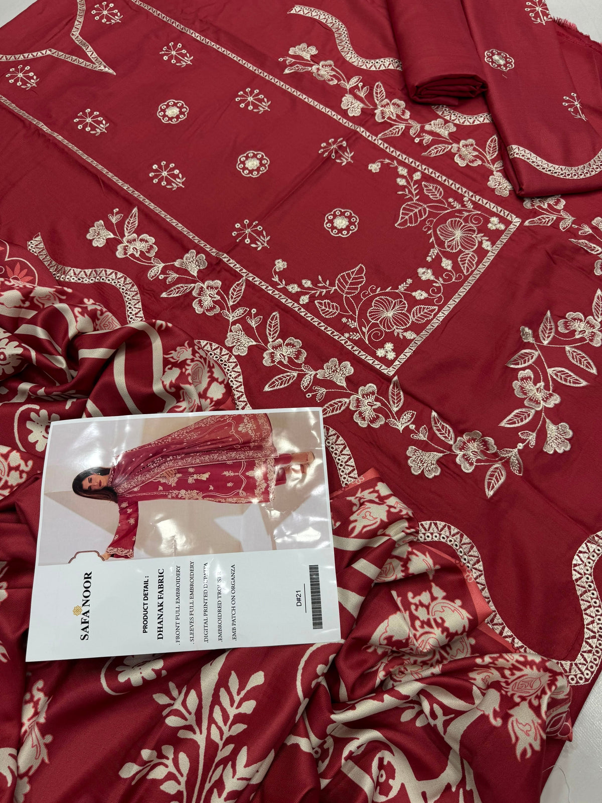 Dhanak 3PC Heavy Embroidered Suit – Coral Red – image 4