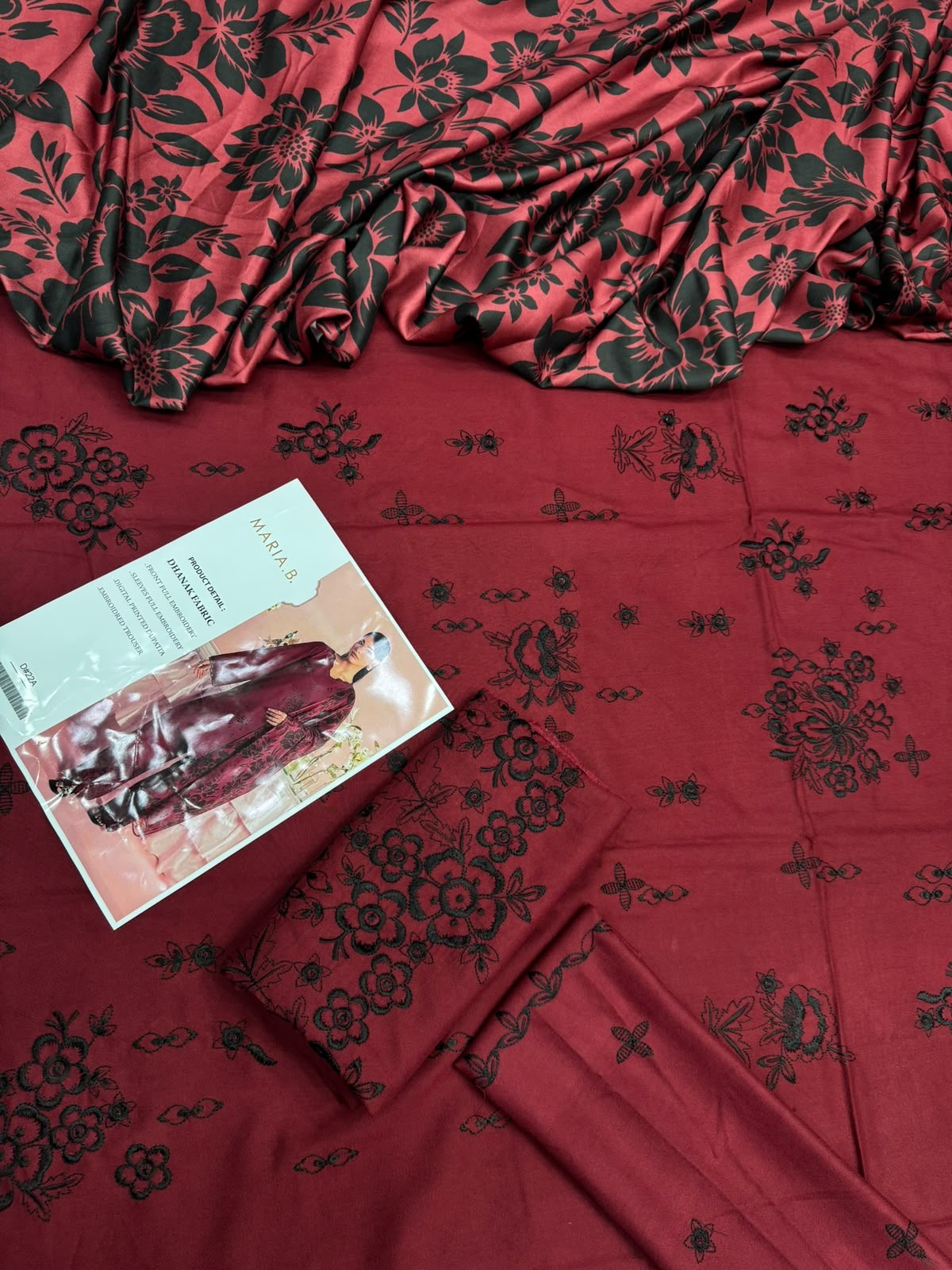 Dhanak 3PC Heavy Embroidered Suit – Deep Red – image 3