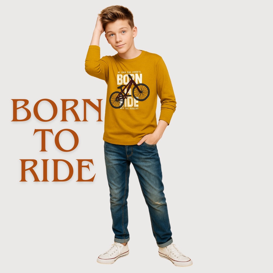 Kids Winter Long Sleeve Shirt – Mustard, Born to Ride Print