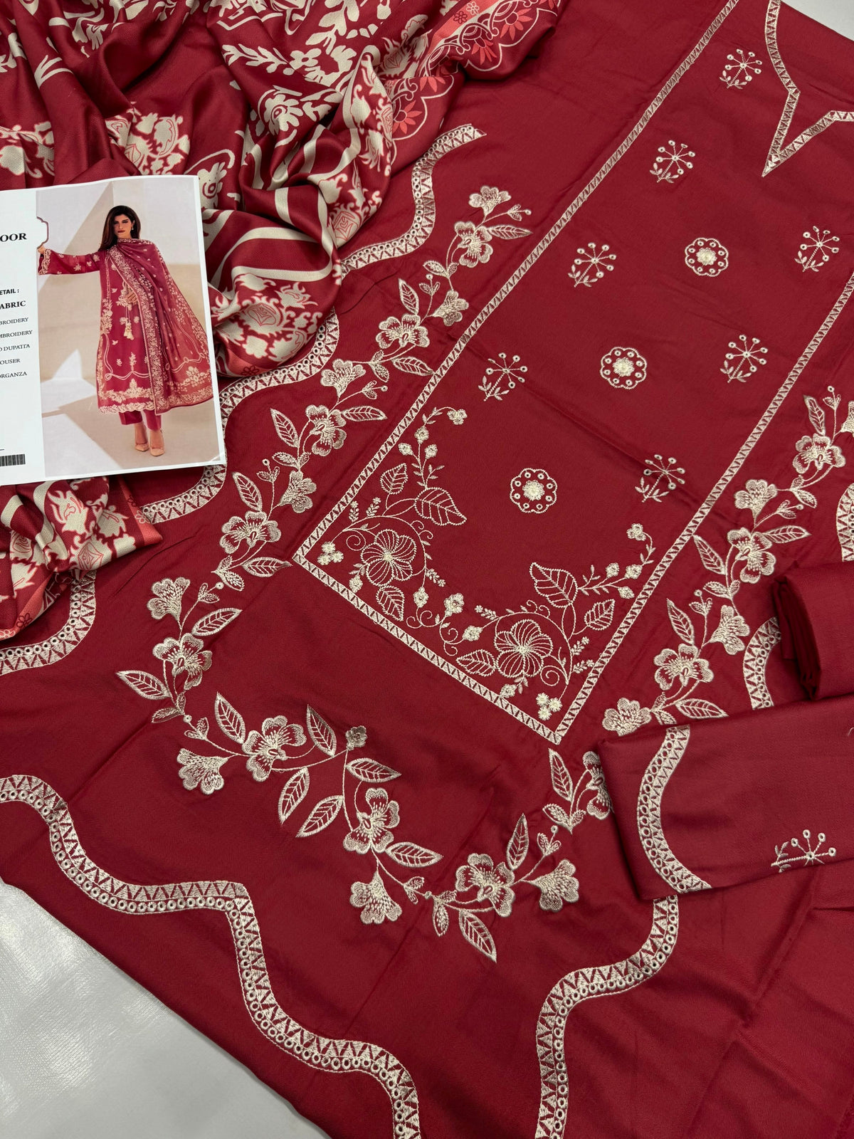 Dhanak 3PC Heavy Embroidered Suit – Coral Red – image 2