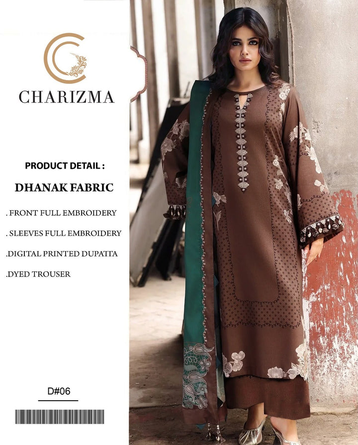 Dhanak 3PC Heavy Embroidered Suit – Coffee Brown