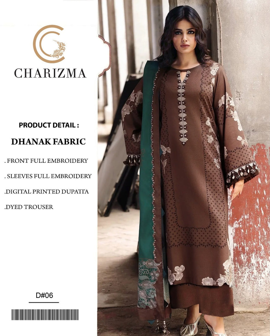 Dhanak 3PC Heavy Embroidered Suit – Coffee Brown