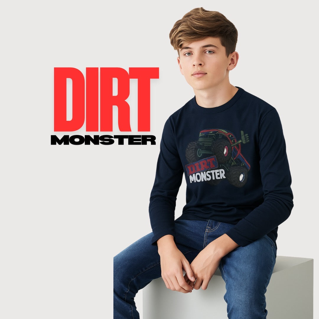 Kids Winter Long Sleeve Shirt – Navy, Dirt Monster Print