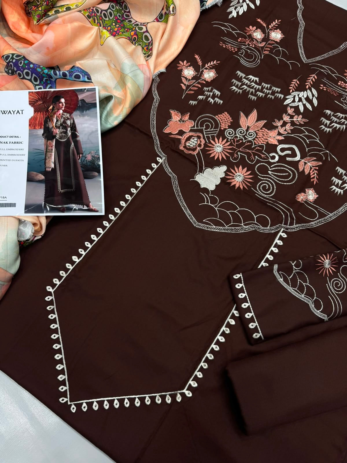 Dhanak 3PC Heavy Embroidered Suit – Chocolate Brown – image 2
