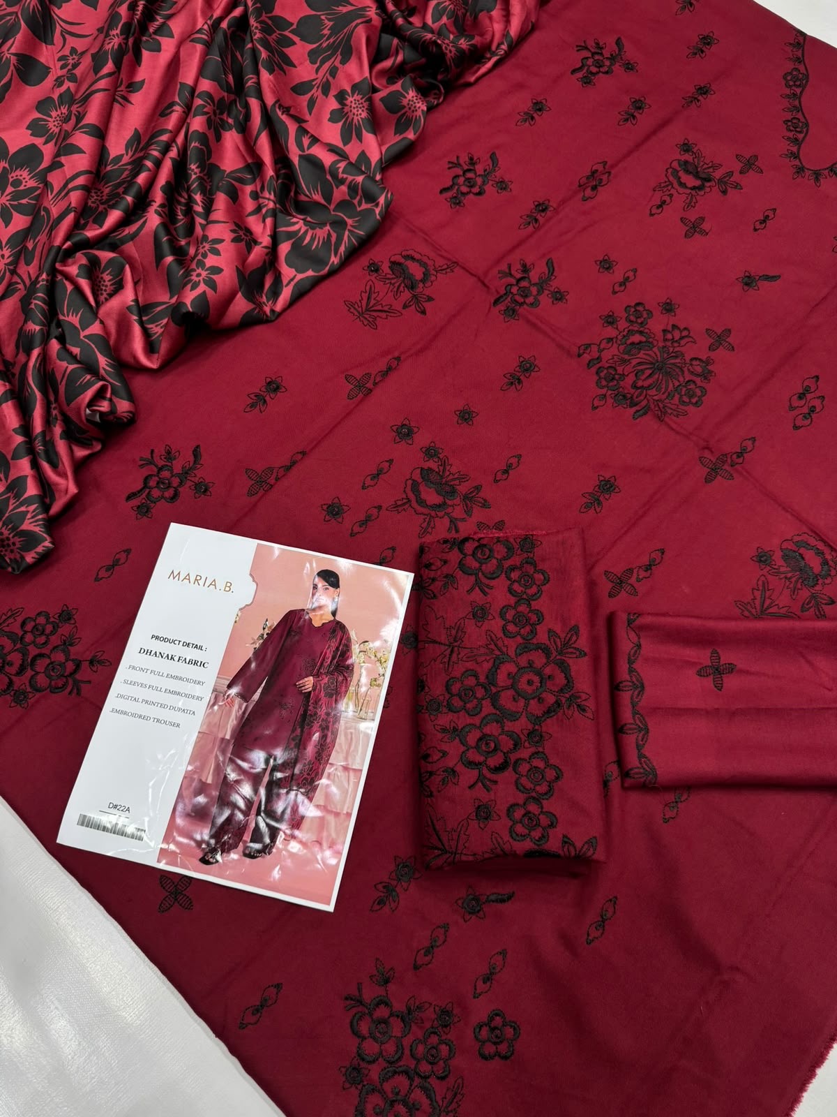 Dhanak 3PC Heavy Embroidered Suit – Deep Red – image 2