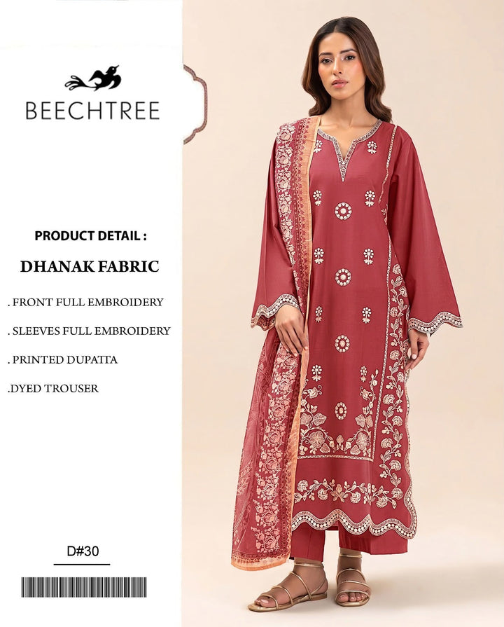 Dhanak 3PC Heavy Embroidered Suit – Coral Red