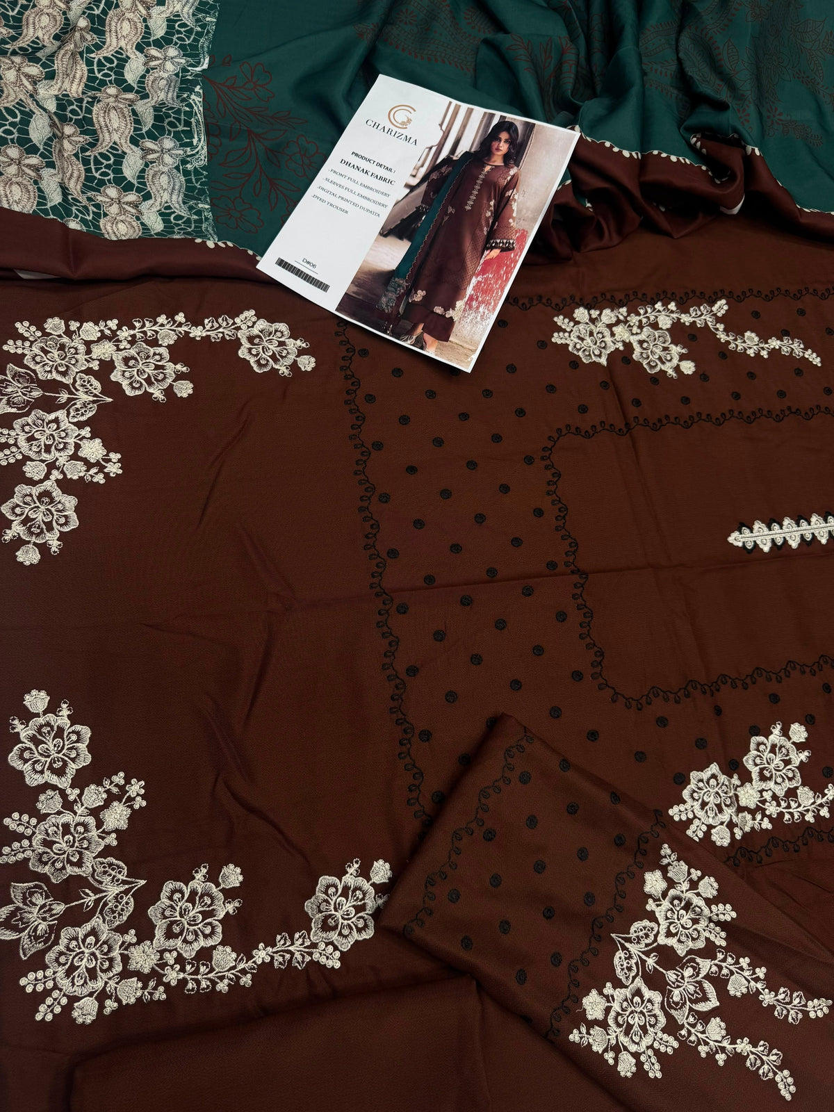 Dhanak 3PC Heavy Embroidered Suit – Coffee Brown – image 3