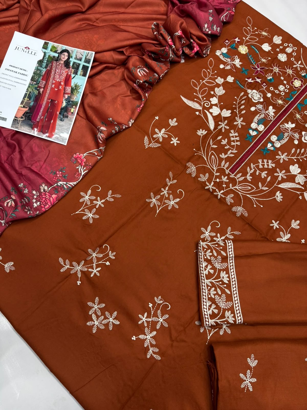 Dhanak 3PC Heavy Embroidered Suit – Rust – image 2