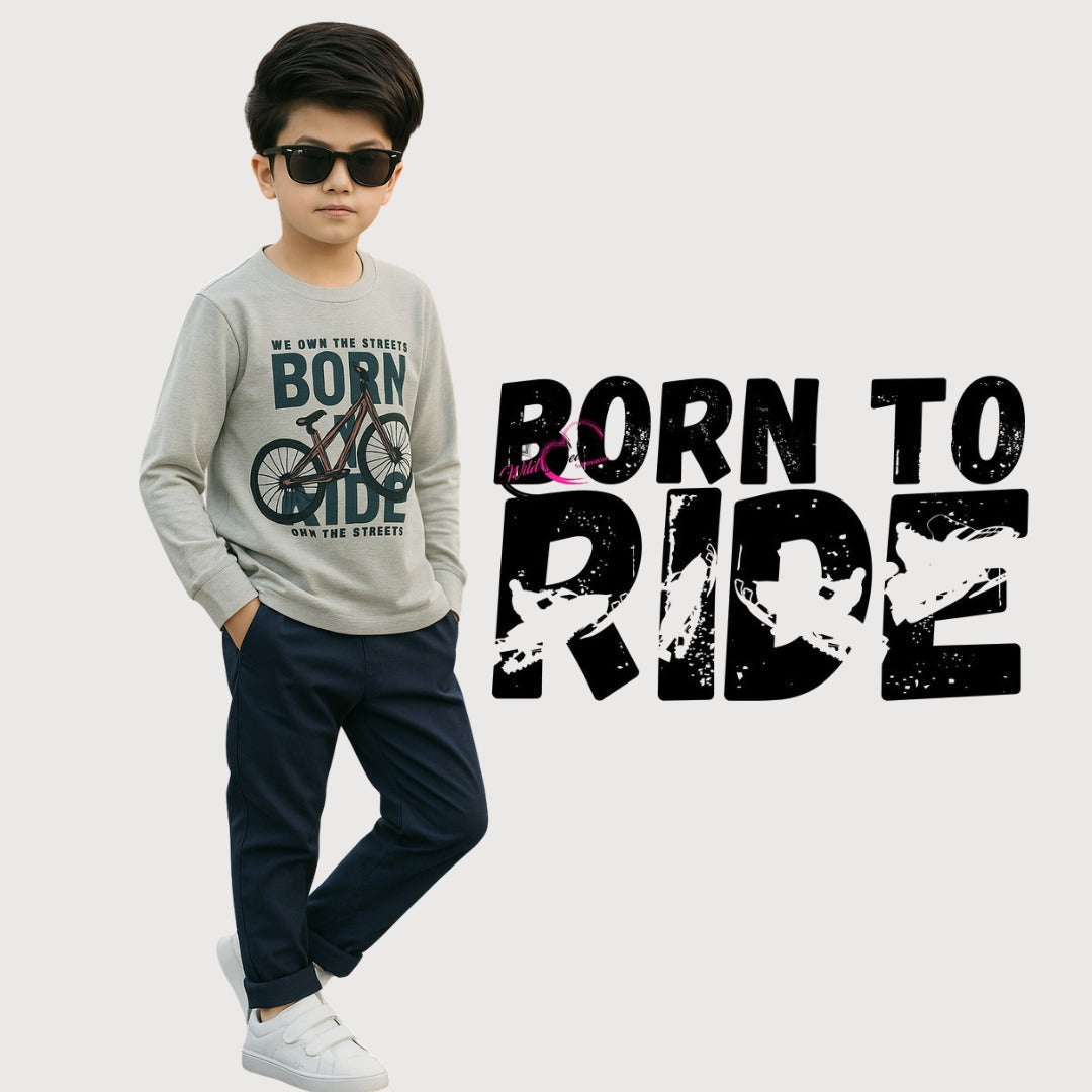 Kids Winter Long Sleeve Shirt – Grey, Born to Ride Print