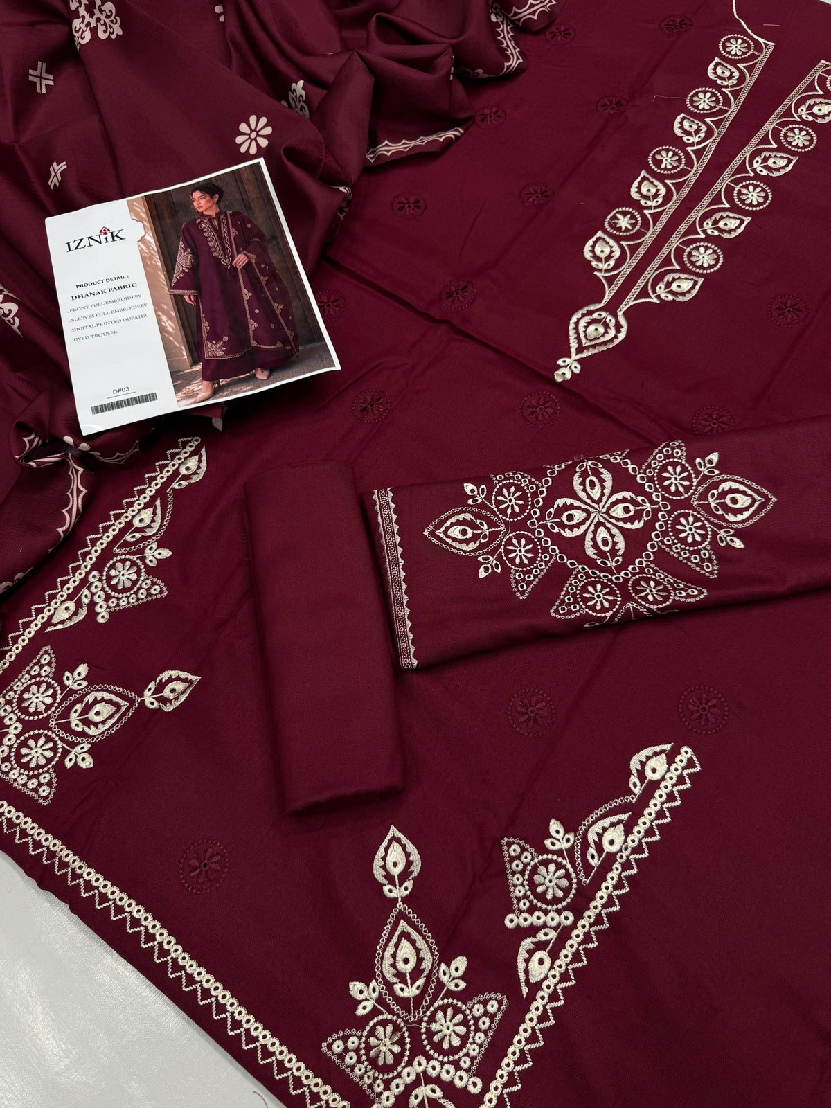 Dhanak 3PC Heavy Embroidered Suit – Maroon – image 2