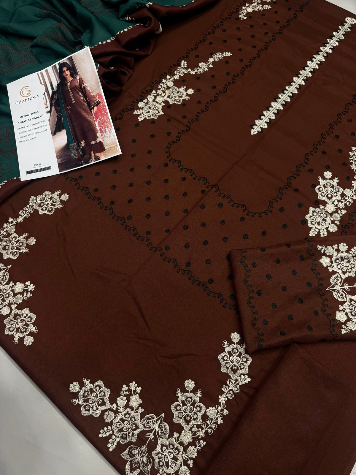 Dhanak 3PC Heavy Embroidered Suit – Coffee Brown – image 2