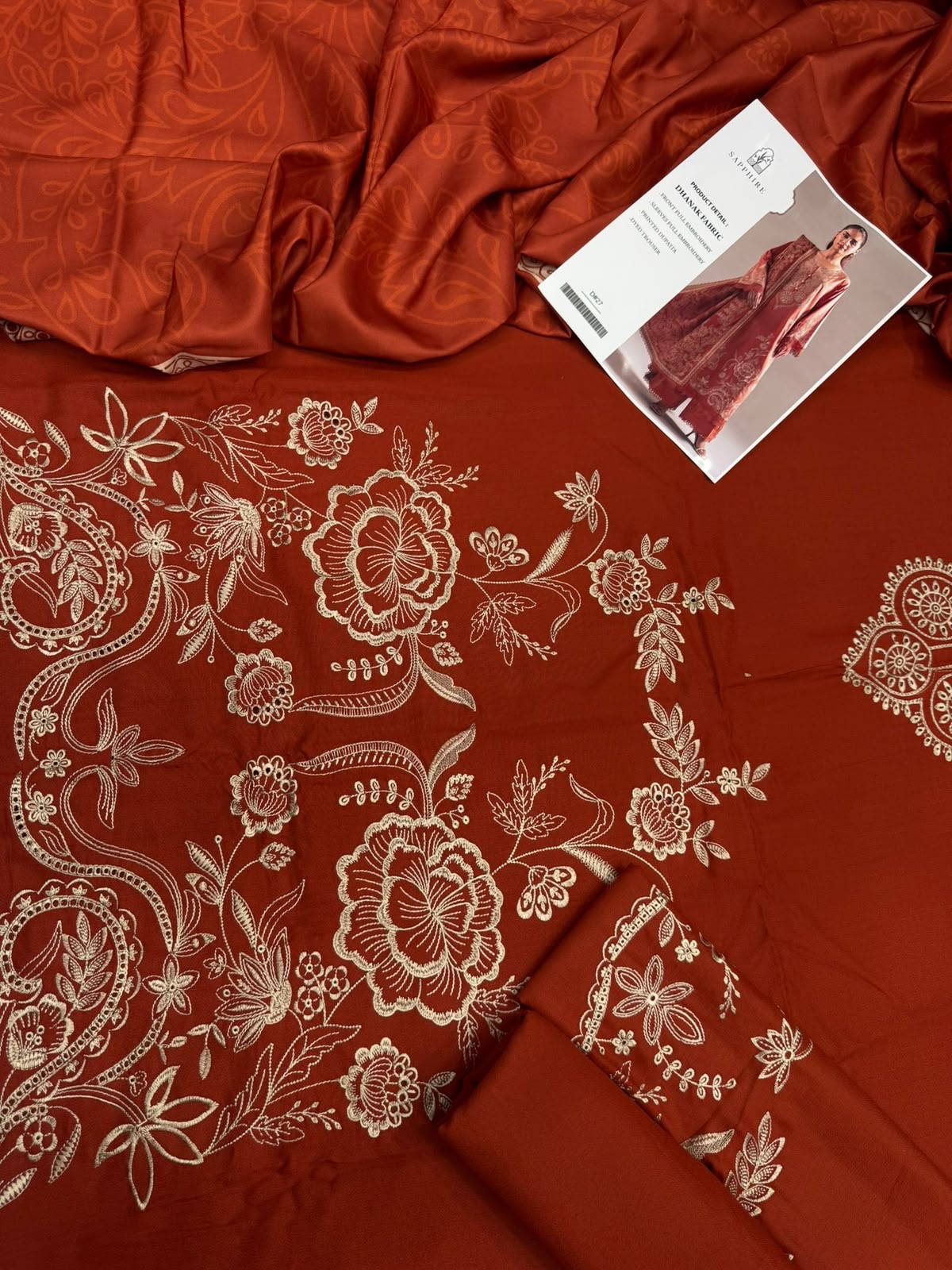 Dhanak 3PC Heavy Embroidered Suit – Burnt Orange – image 3