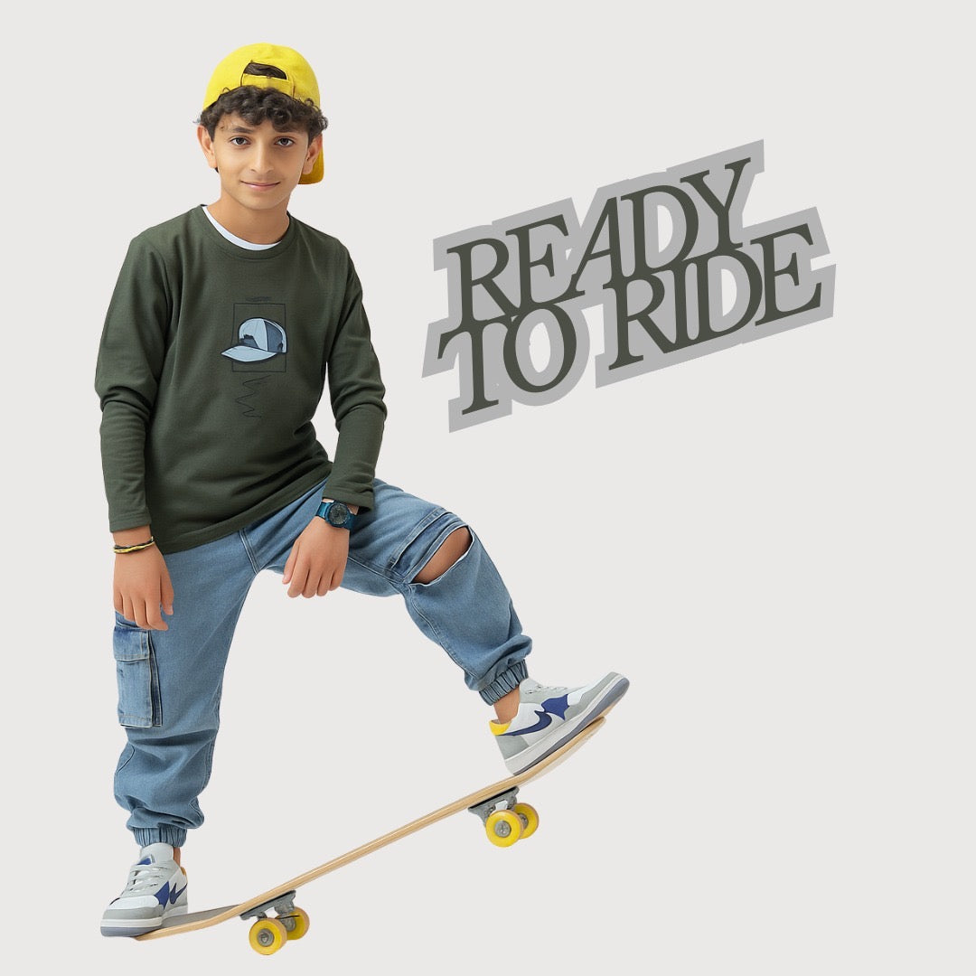 Kids Winter Long Sleeve Shirt – Bottle Green, Cap Print