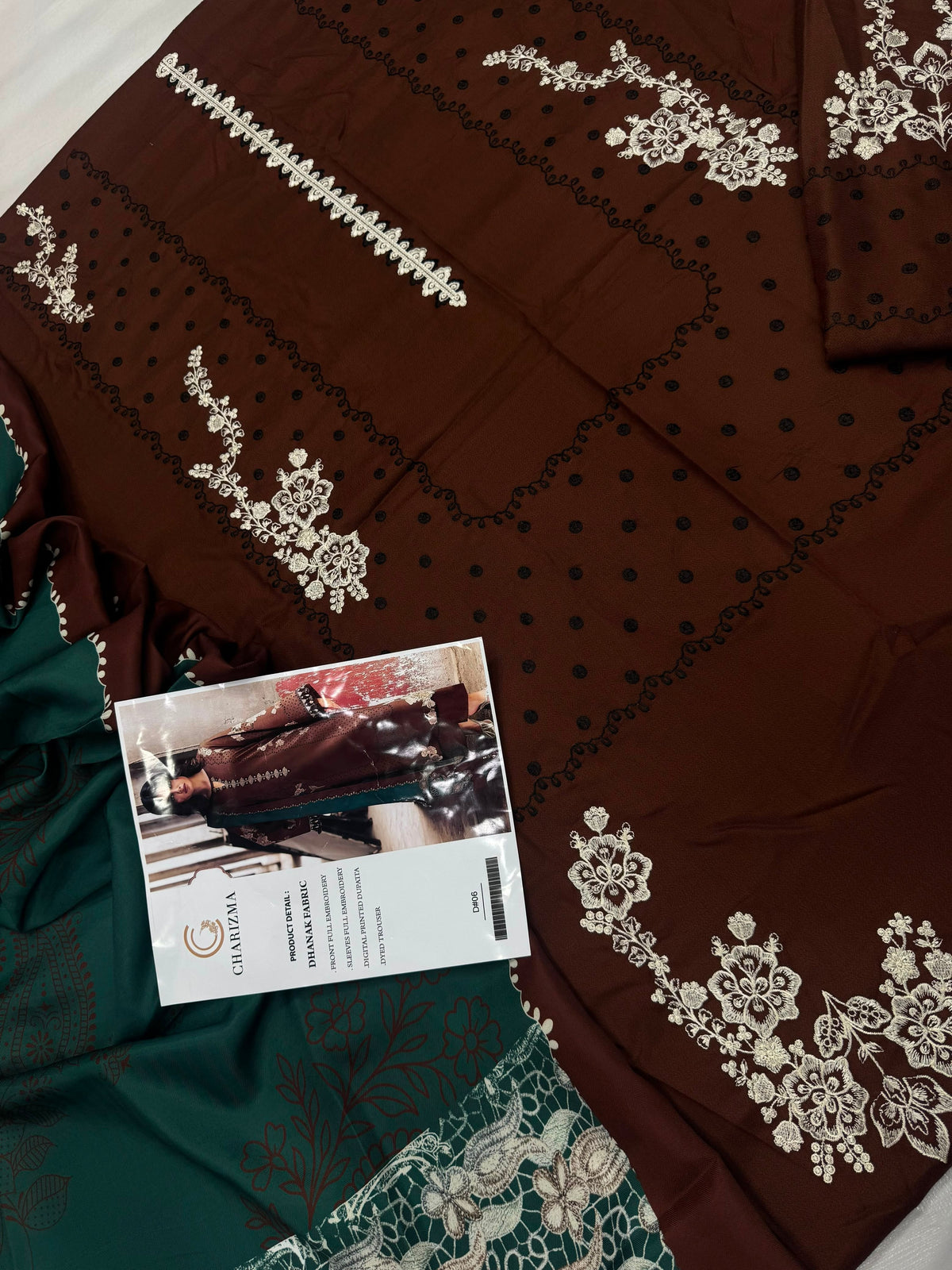Dhanak 3PC Heavy Embroidered Suit – Coffee Brown – image 4