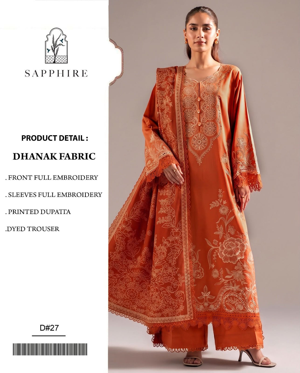Dhanak 3PC Heavy Embroidered Suit – Burnt Orange