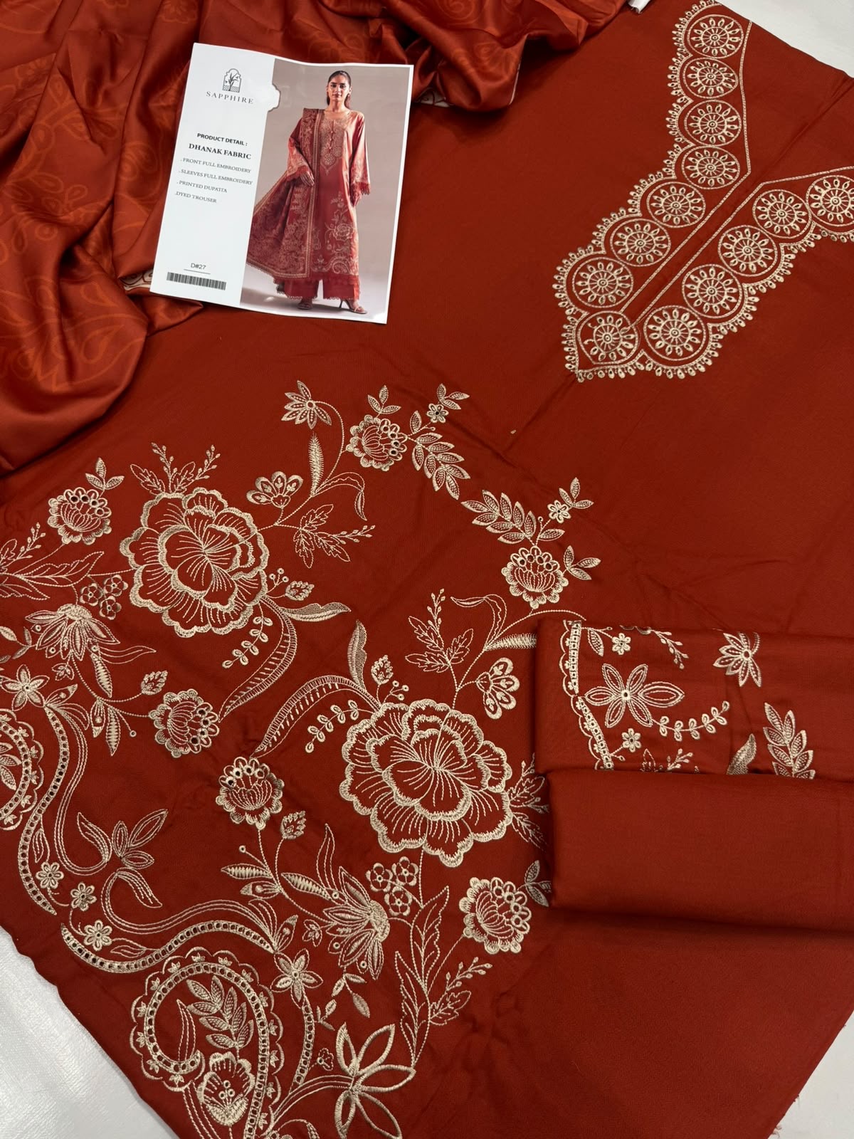 Dhanak 3PC Heavy Embroidered Suit – Burnt Orange – image 2