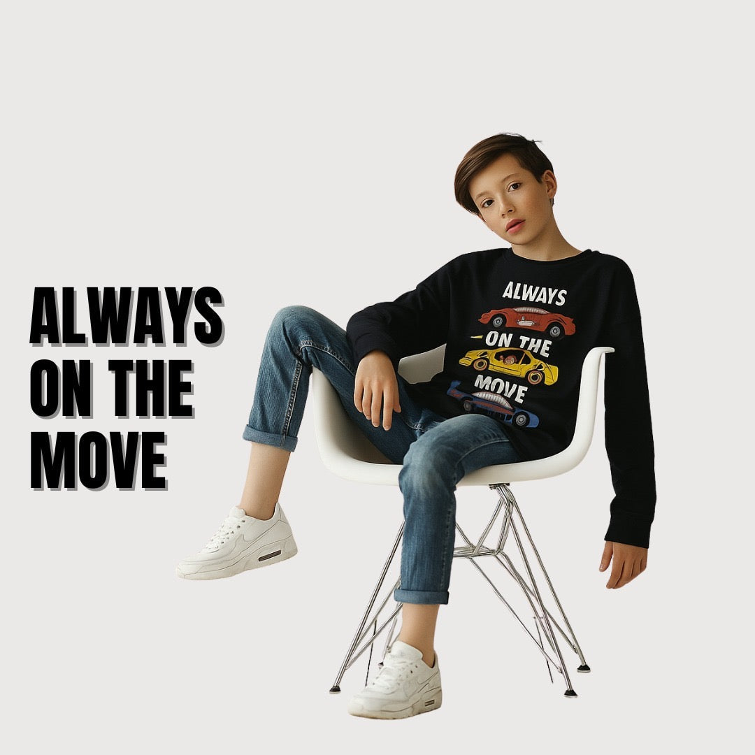Kids Winter Long Sleeve Shirt – Black, Always on the Move Print
