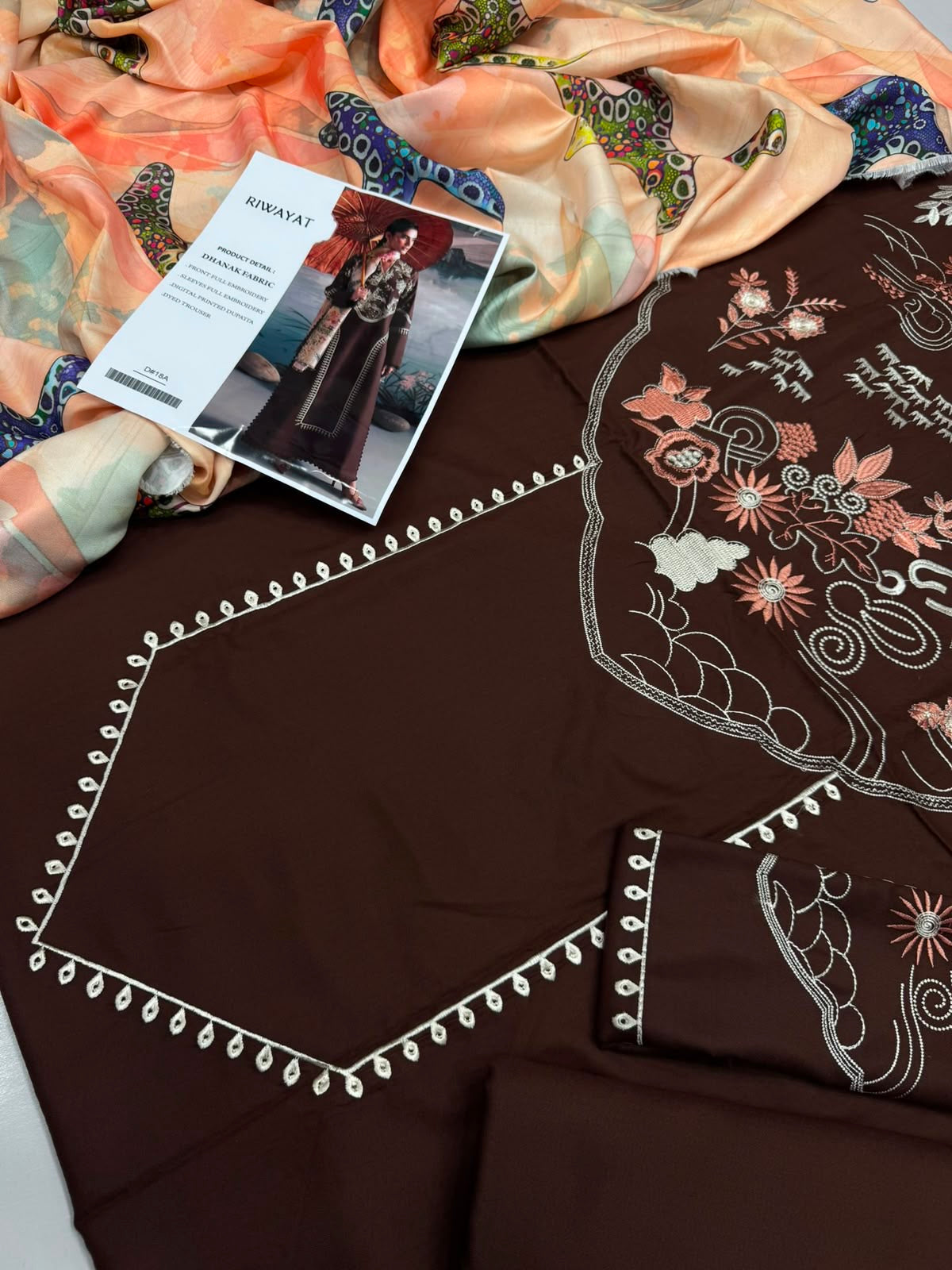 Dhanak 3PC Heavy Embroidered Suit – Chocolate Brown – image 3