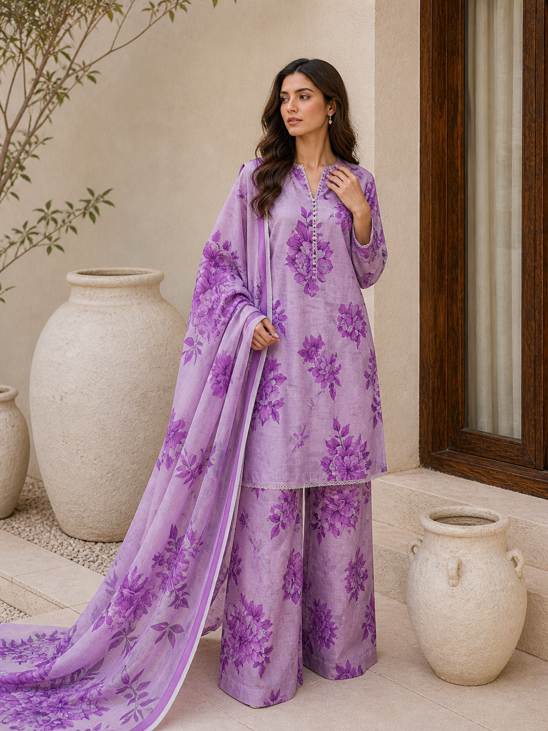 Floral 3PC Lawn Suit with Voile Dupatta