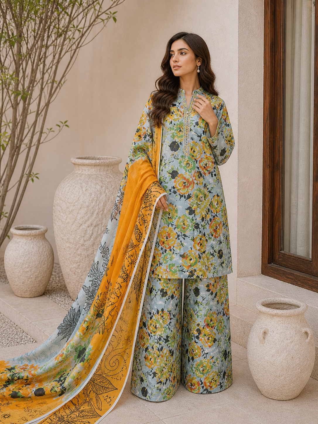 Floral 3PC Lawn Suit with Voile Dupatta