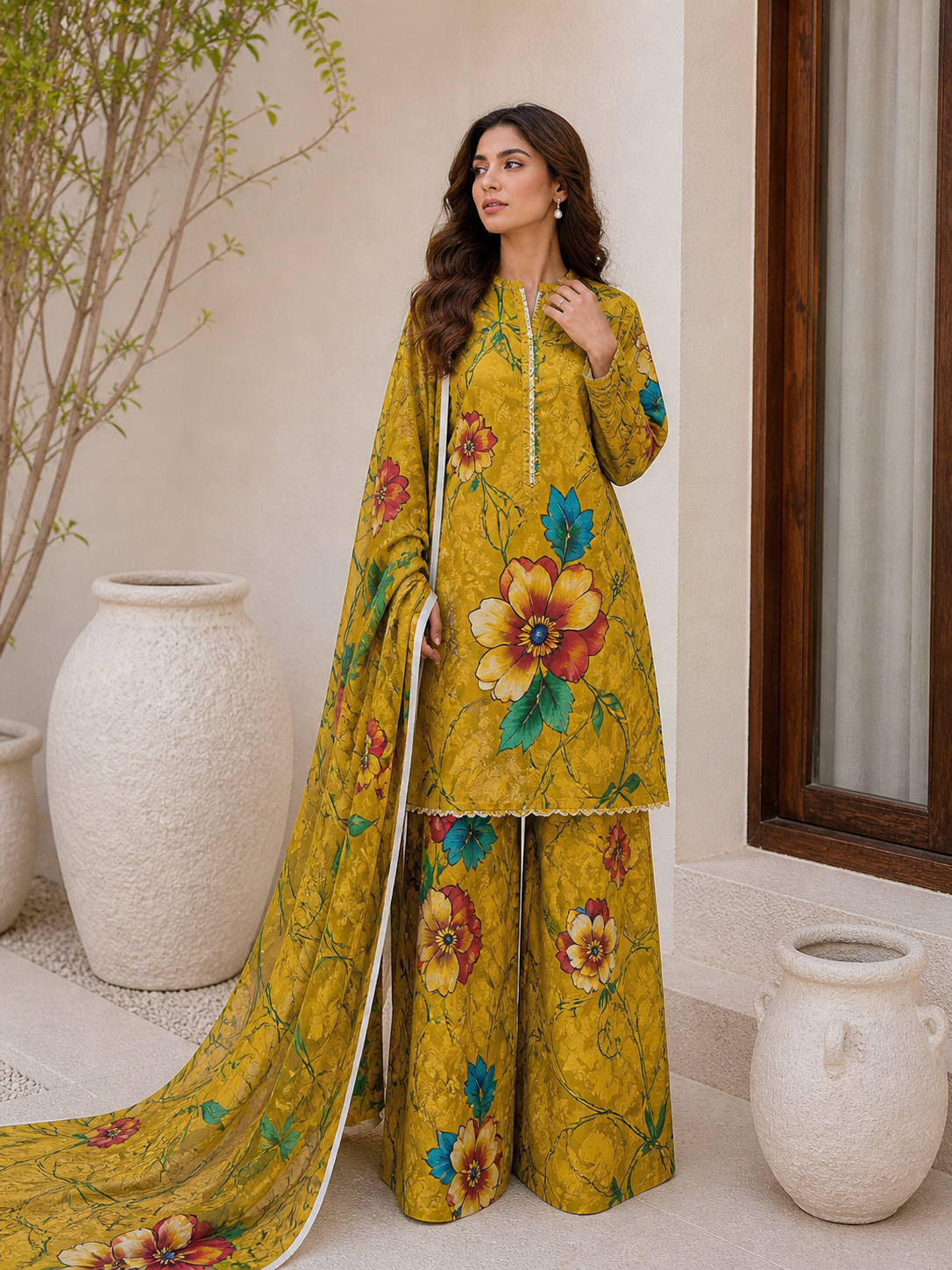 Floral 3PC Lawn Suit with Voile Dupatta