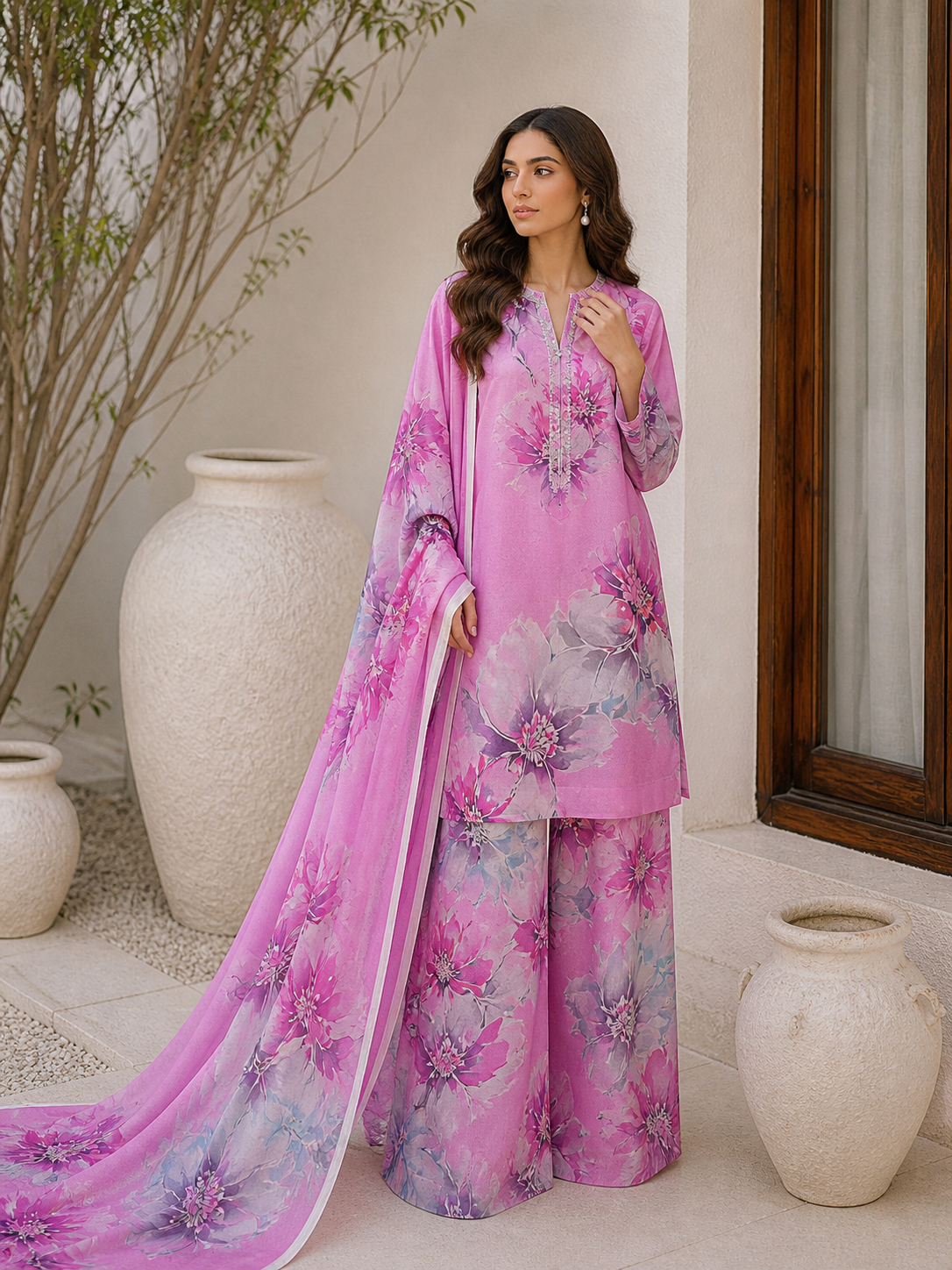 Floral 3PC Lawn Suit with Voile Dupatta