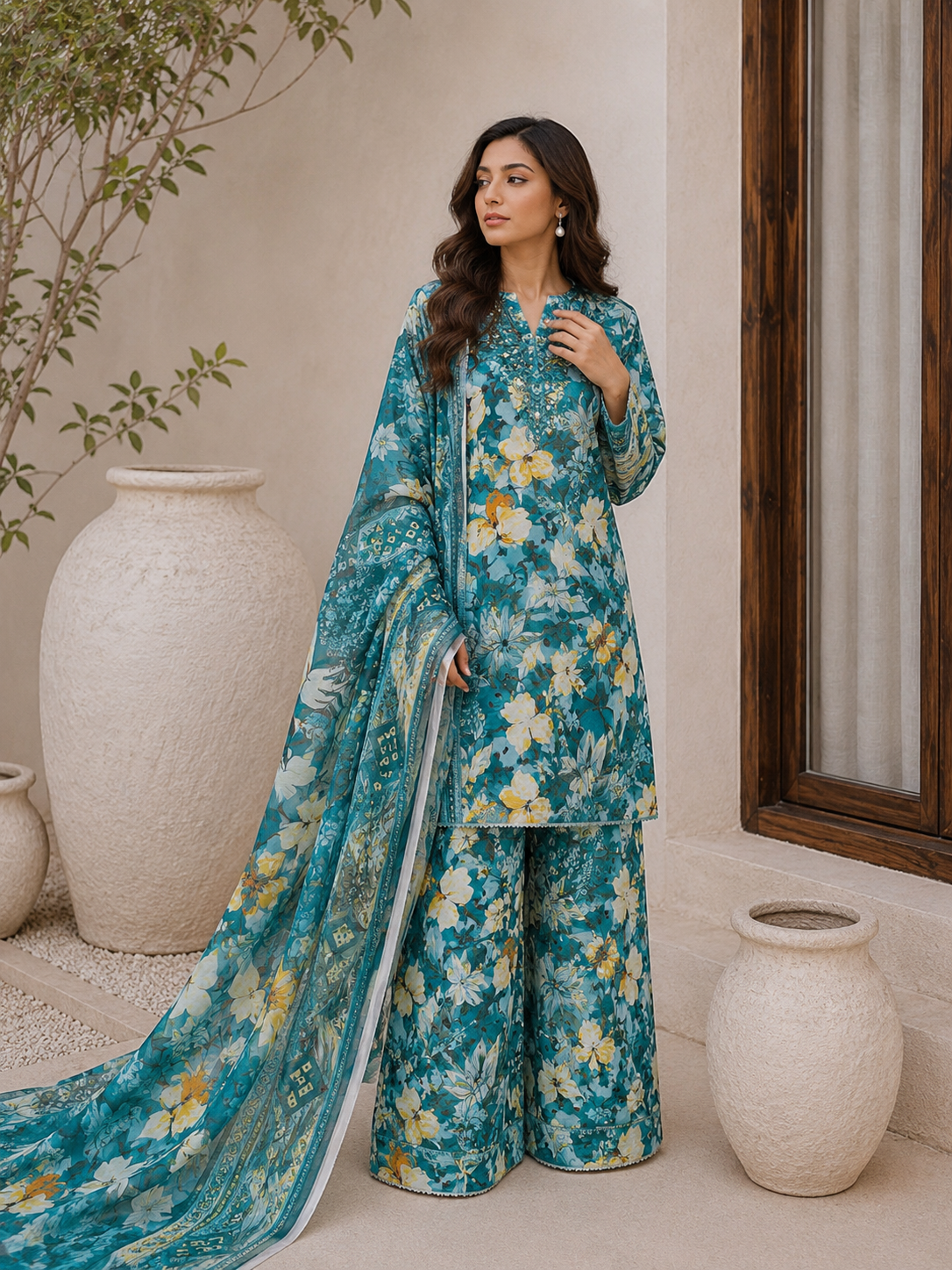 Floral 3PC Lawn Suit with Voile Dupatta