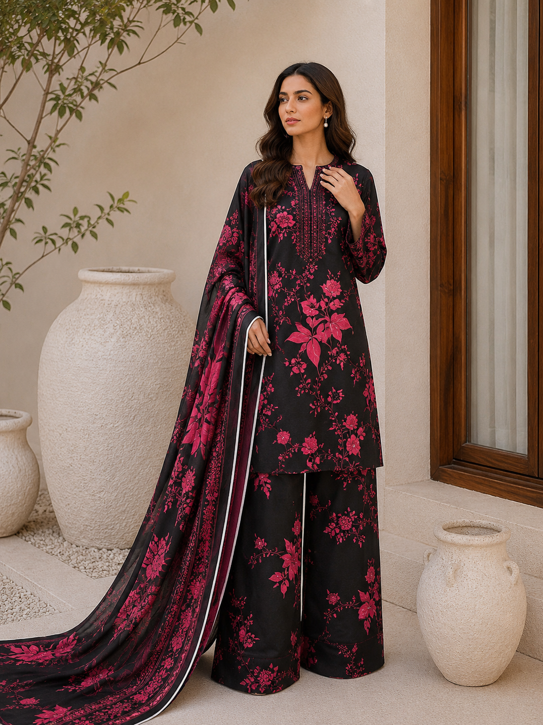 Floral 3PC Lawn Suit with Voile Dupatta