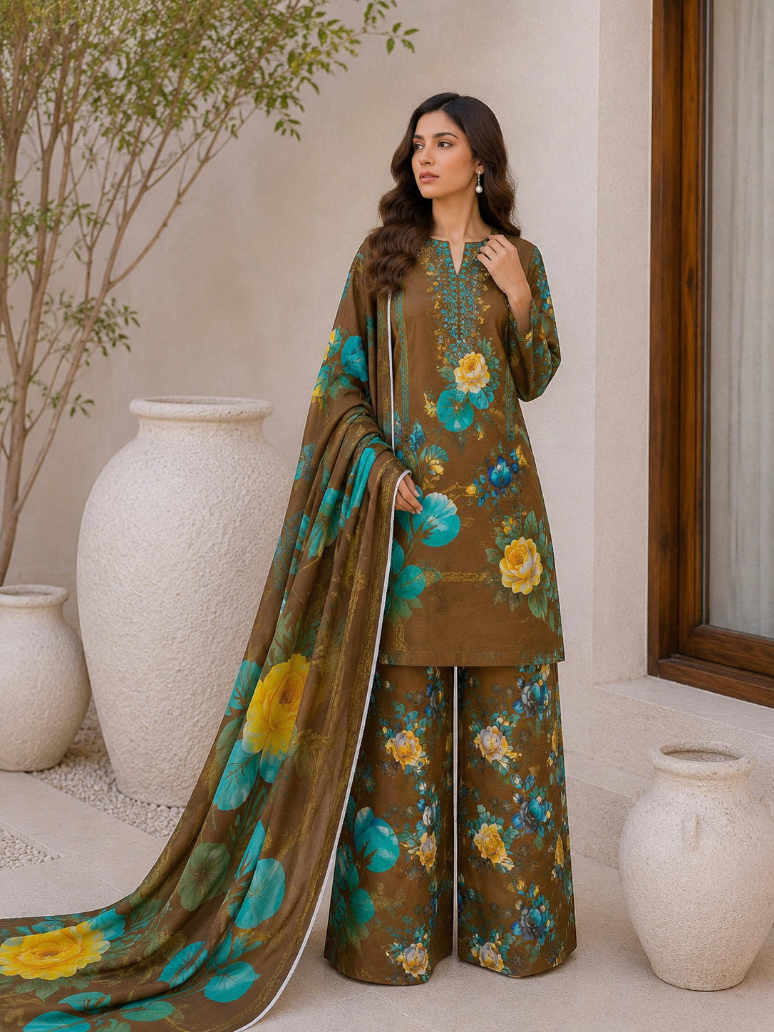 Floral 3PC Lawn Suit with Voile Dupatta