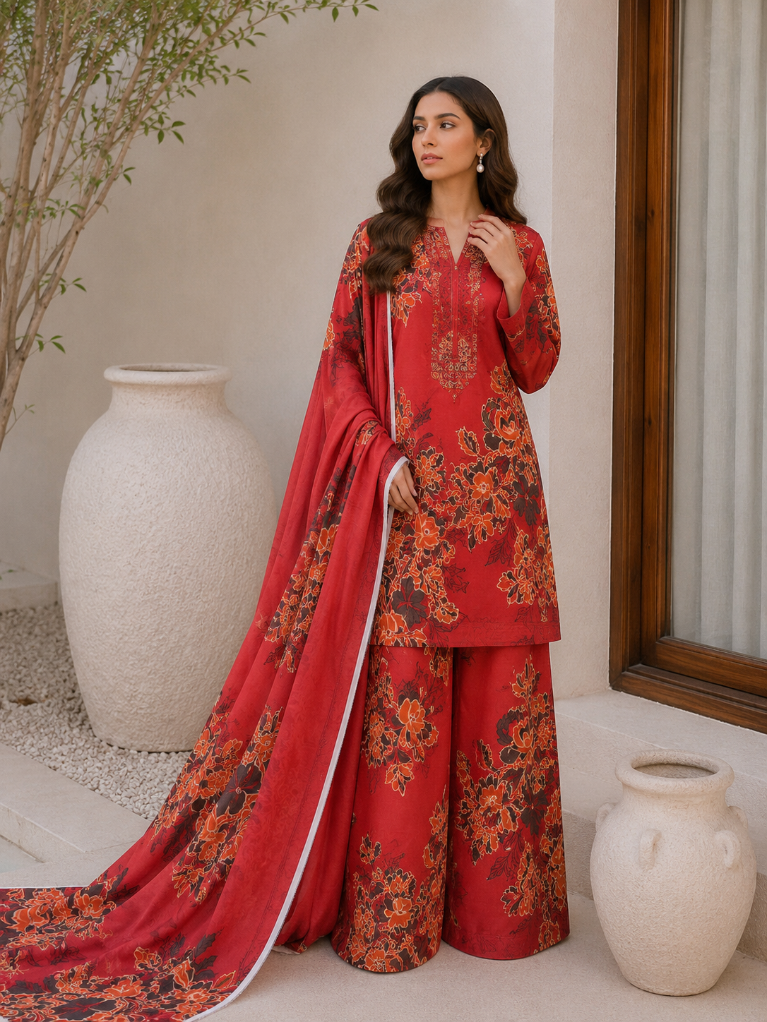 Floral 3PC Lawn Suit with Voile Dupatta