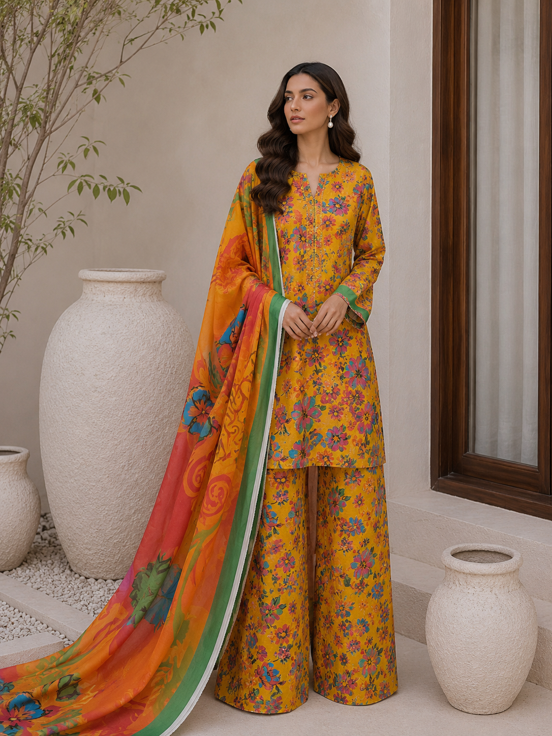 Floral 3PC Lawn Suit with Voile Dupatta