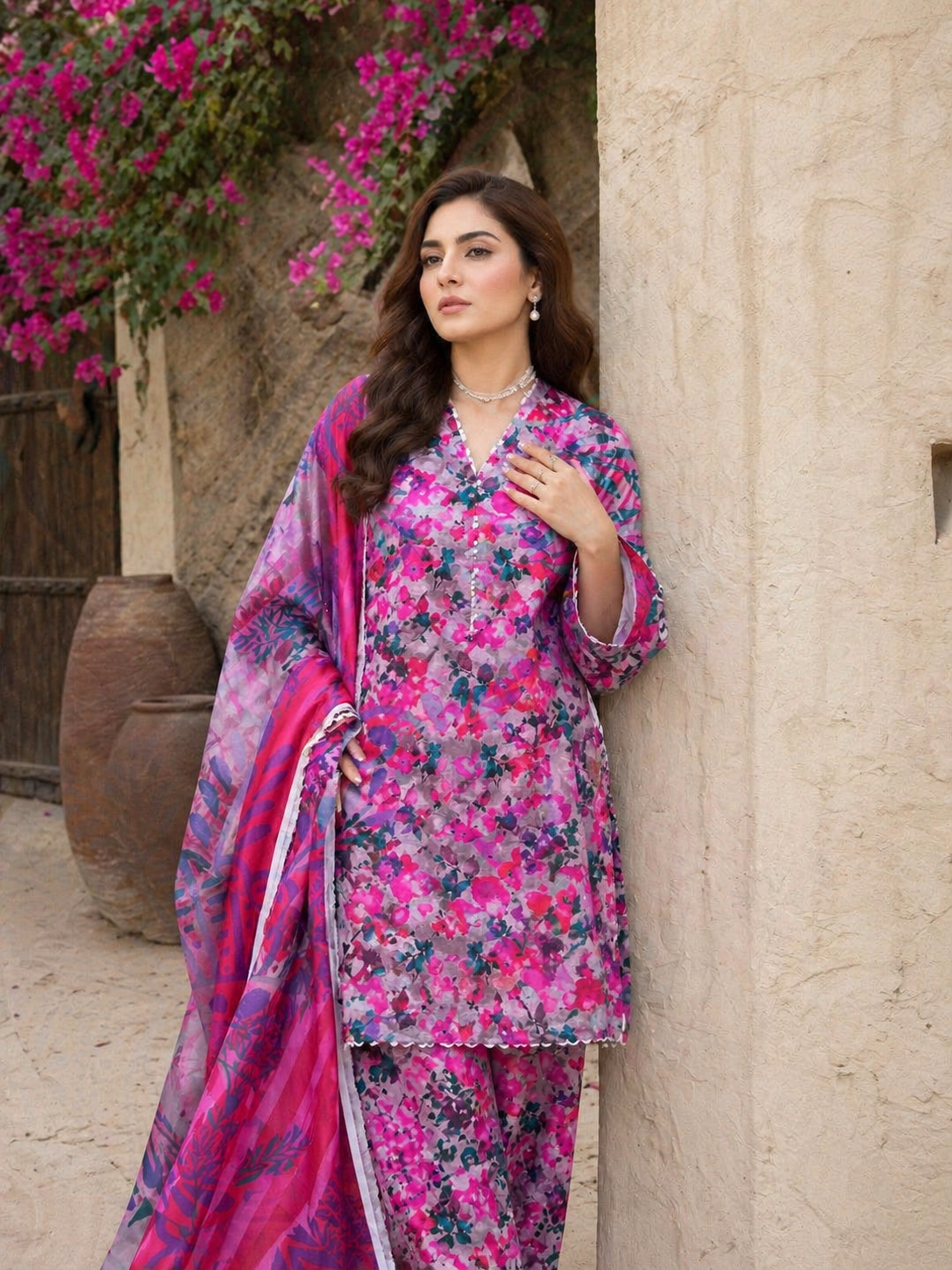 Floral 3PC Lawn Suit with Voile Dupatta