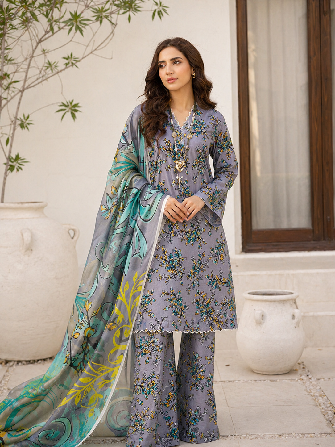 Floral 3PC Lawn Suit with Voile Dupatta