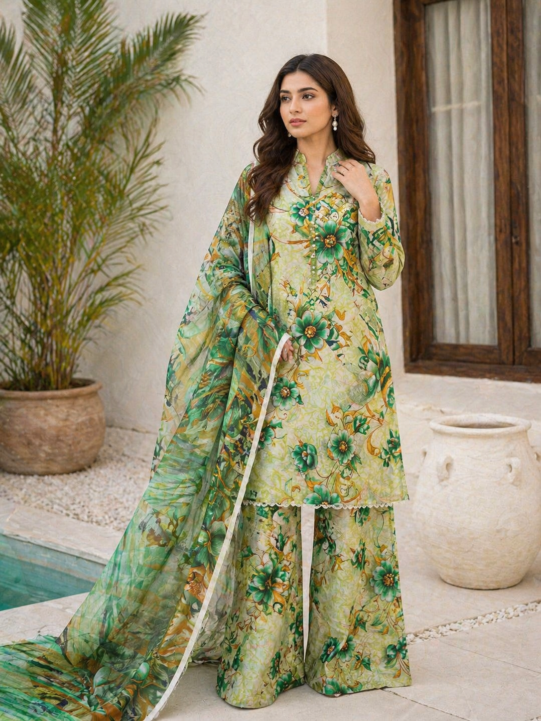 Floral 3PC Lawn Suit with Voile Dupatta