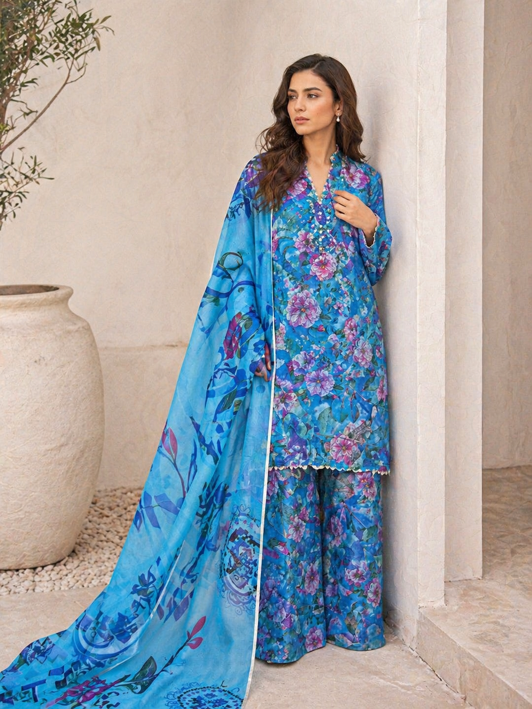 Floral 3PC Lawn Suit with Voile Dupatta