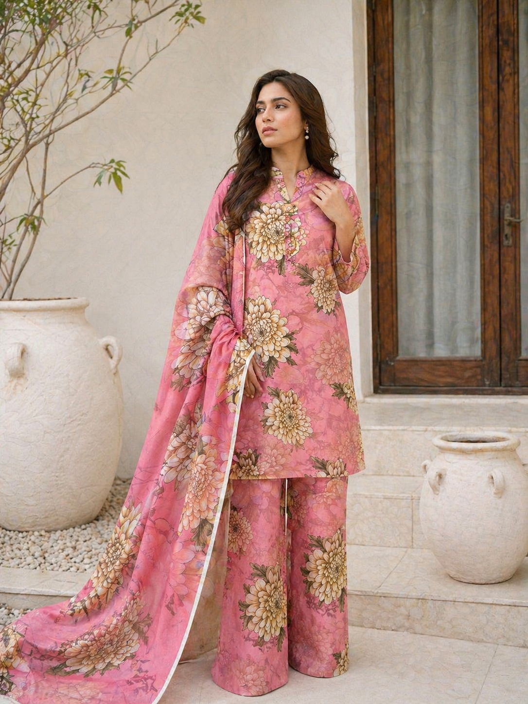 Floral 3PC Lawn Suit with Voile Dupatta