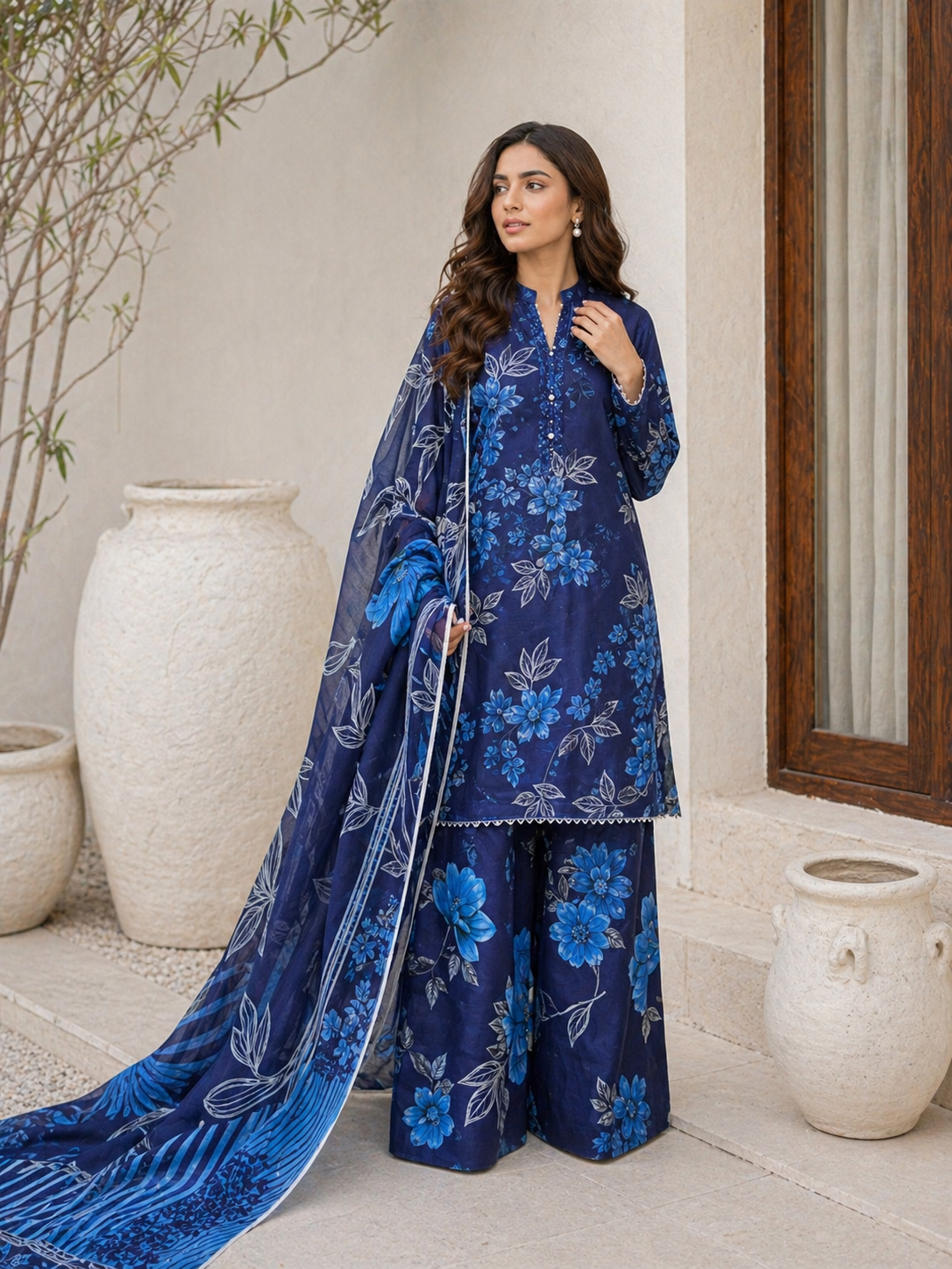 Floral 3PC Lawn Suit with Voile Dupatta