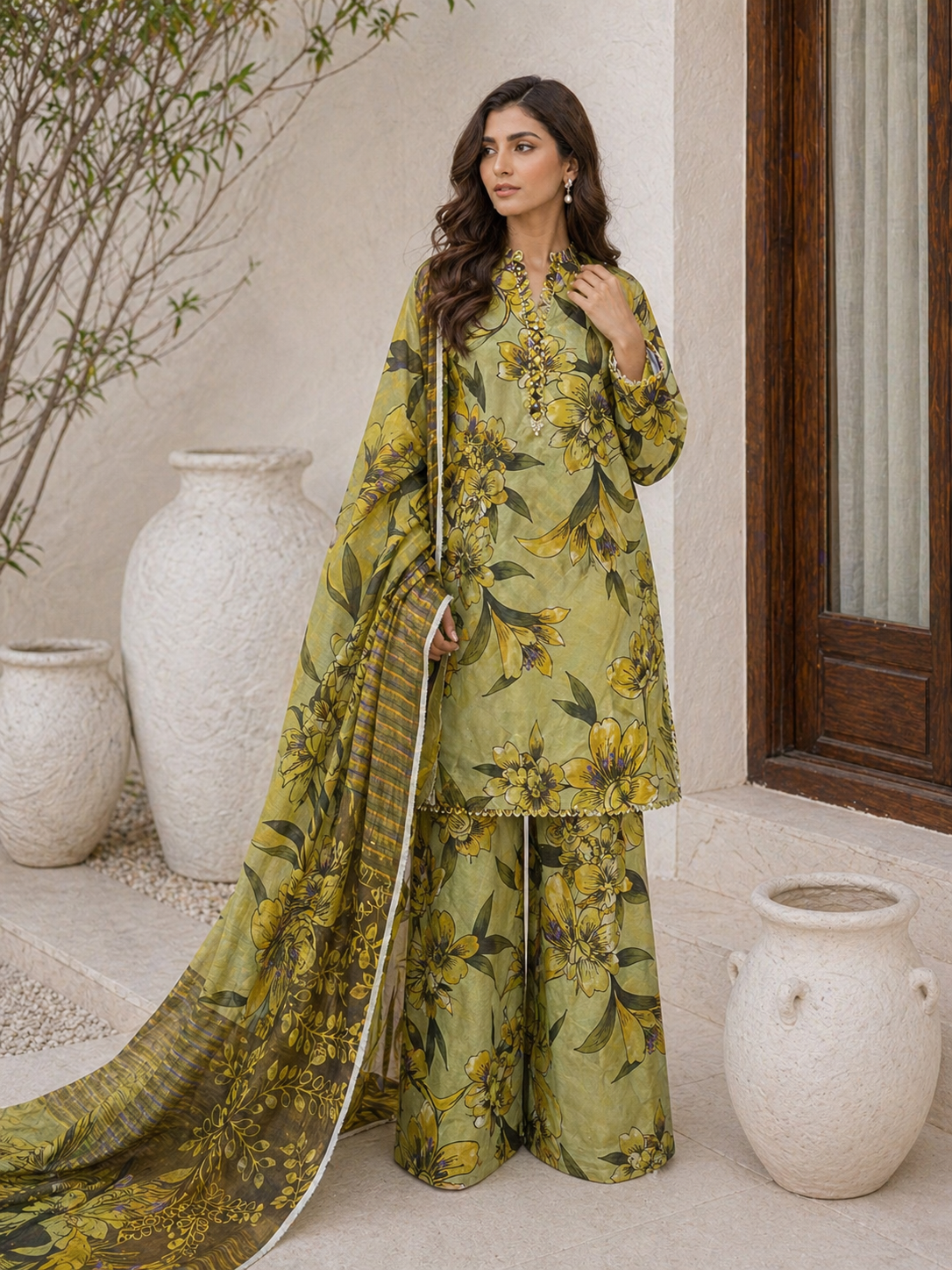 Floral 3PC Lawn Suit with Voile Dupatta