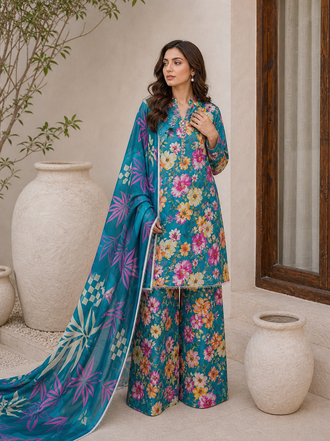 Floral 3PC Lawn Suit with Voile Dupatta